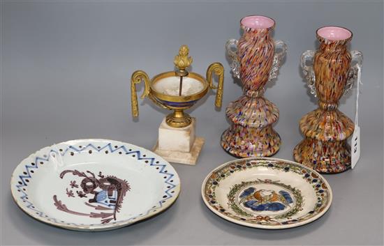 Two pottery plates, an urn and two glass vases